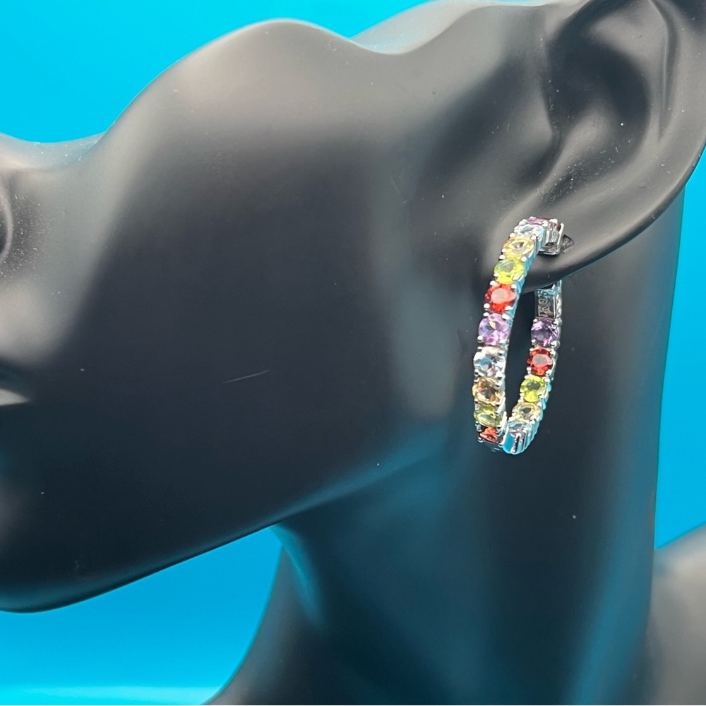 Multi-Gem Rhodium Over Sterling Silver Hoop Earring